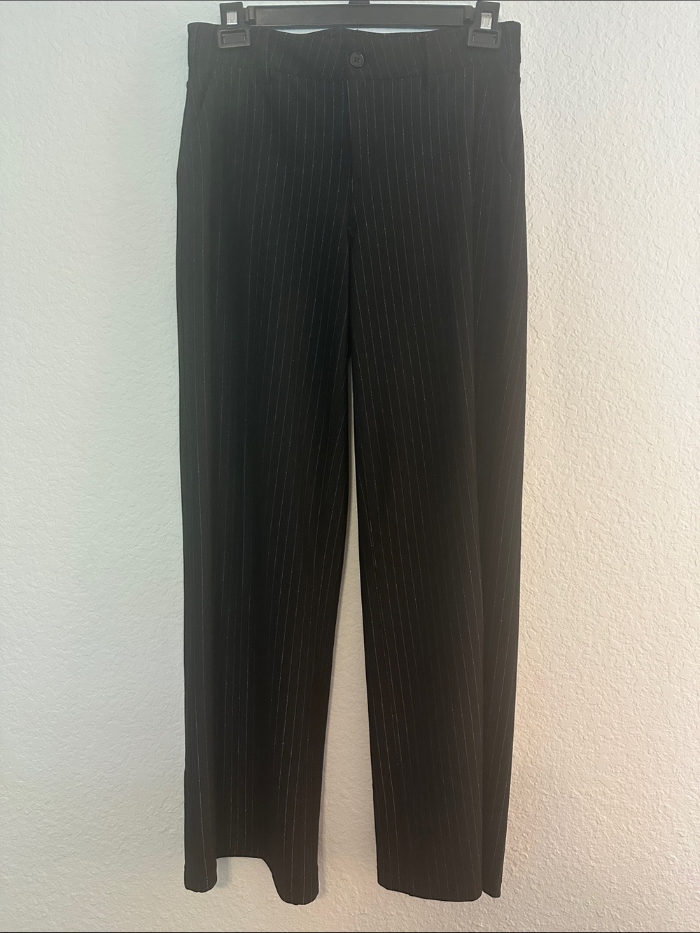 NYDJ Black W/Silver Metallic Pinstripe Wide-Leg Trousers